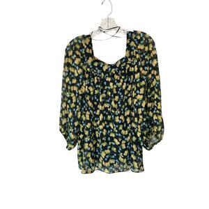 LC Lauren Conrad Blue Yellow Square Neck‎ Lemon Print Peasant Blouse Large